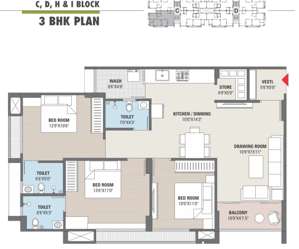 3 BHK Plan - Block C,D,H & I - Type 1
